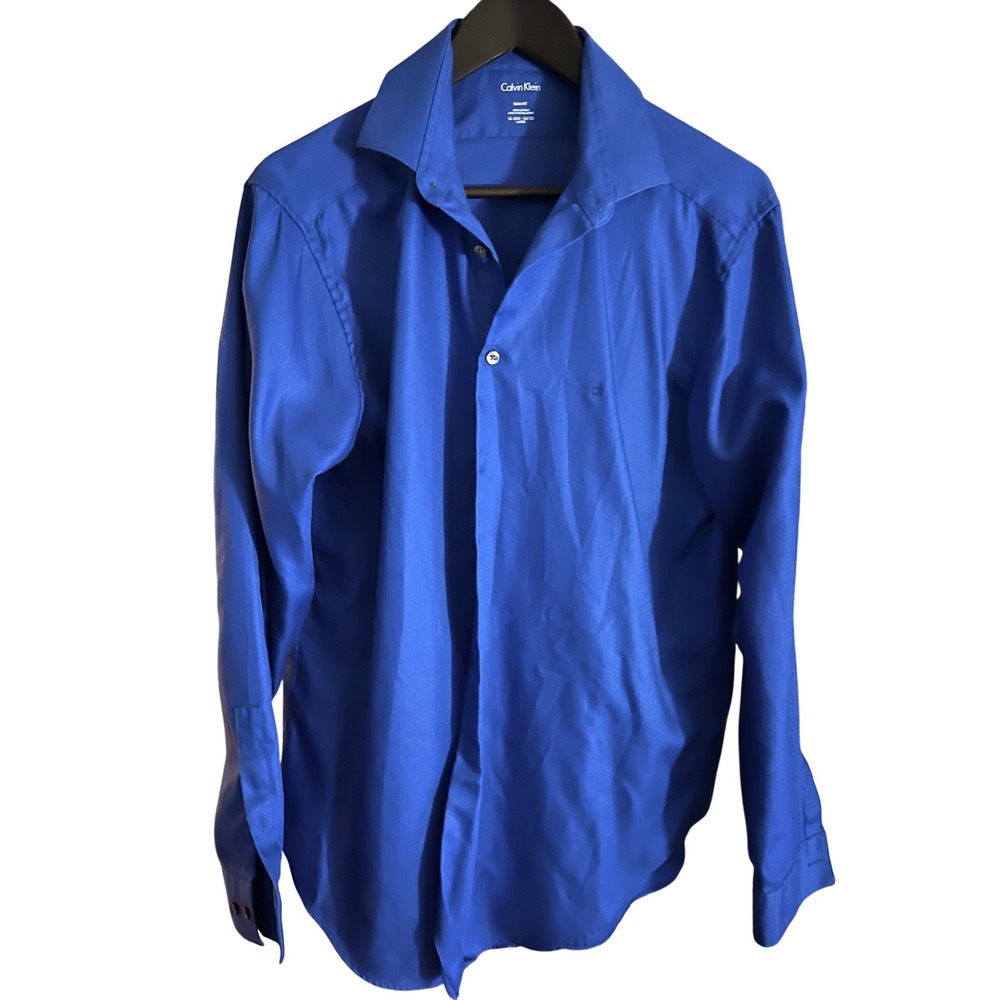 Calvin Klein Men's Slim Fit Blue 100% Cotton Long Sleeve Button Down Shirt Large